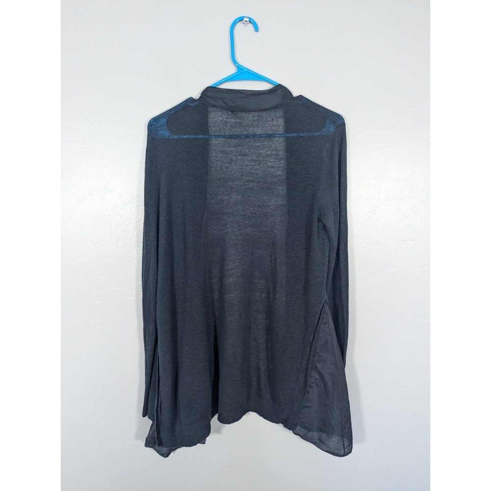 Eileen Fisher Linen Silk Blend Open Front Cardigan navy M Silk Trim - Picture 2 of 6